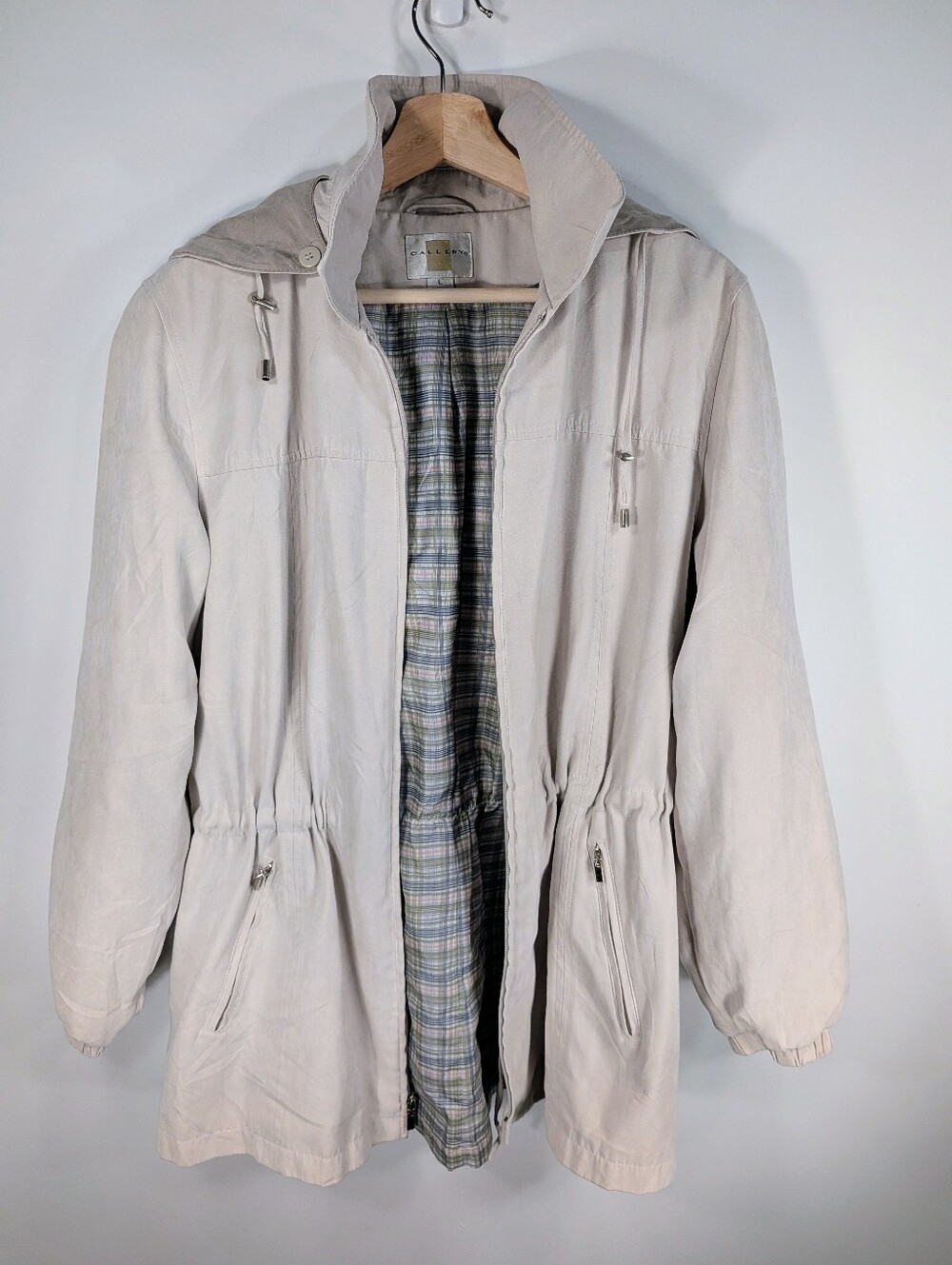 Women's Stone Utility Jacket L Drawstring Hood Plaid Lined